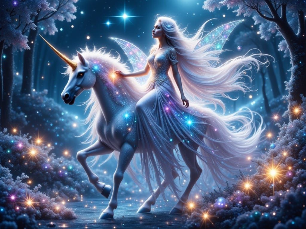 Ethereal Goddess Rides Unicorn in Luminous Landscape