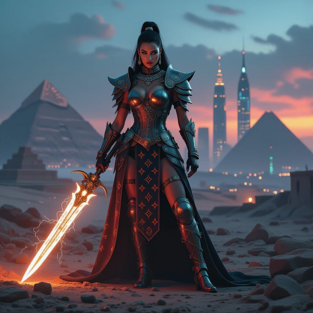 Goddess of War in Steampunk Armor, Cinematic Neon