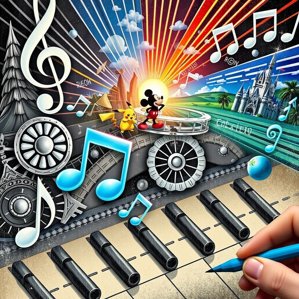 Mickey and Pikachu in Whimsical Animated Landscape