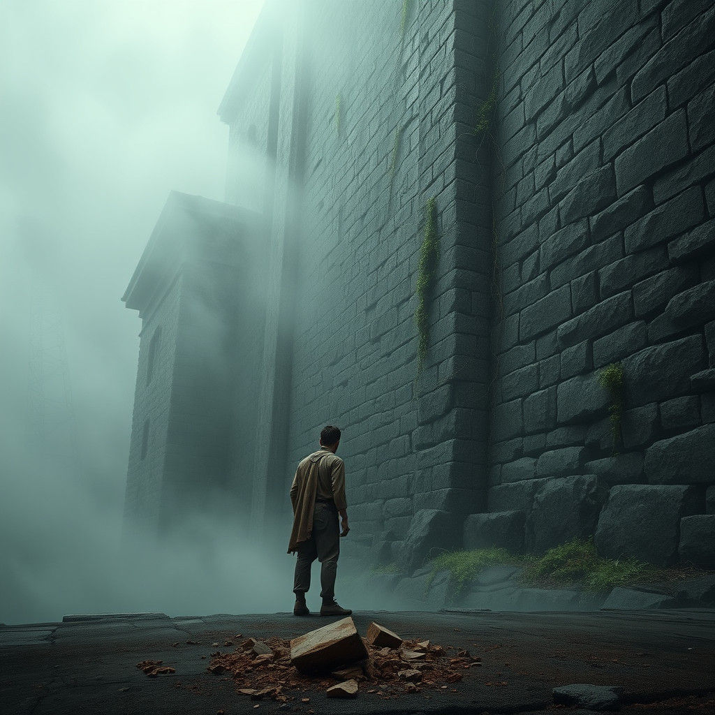 Figure Before Ancient Wall in Surreal Gothic Style
