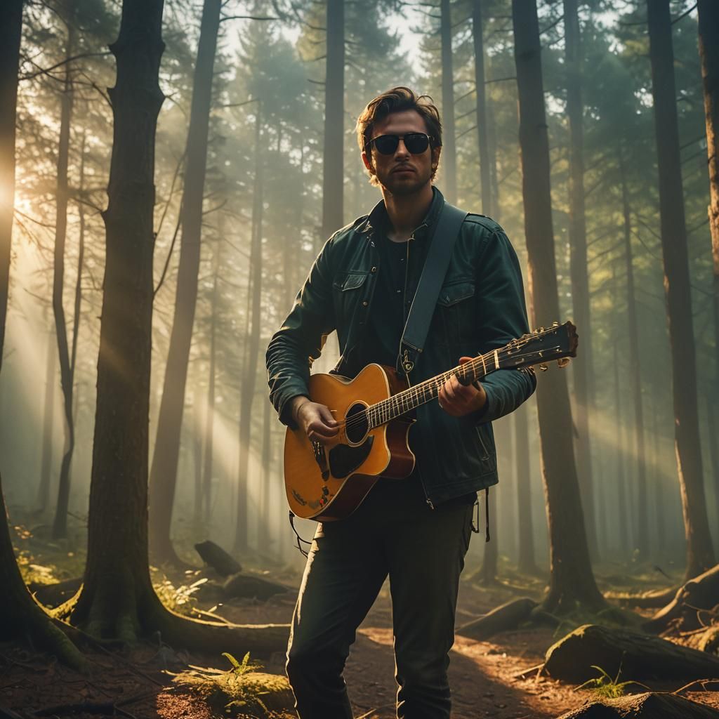 Musician in Misty Forest: Cinematic Digital Art