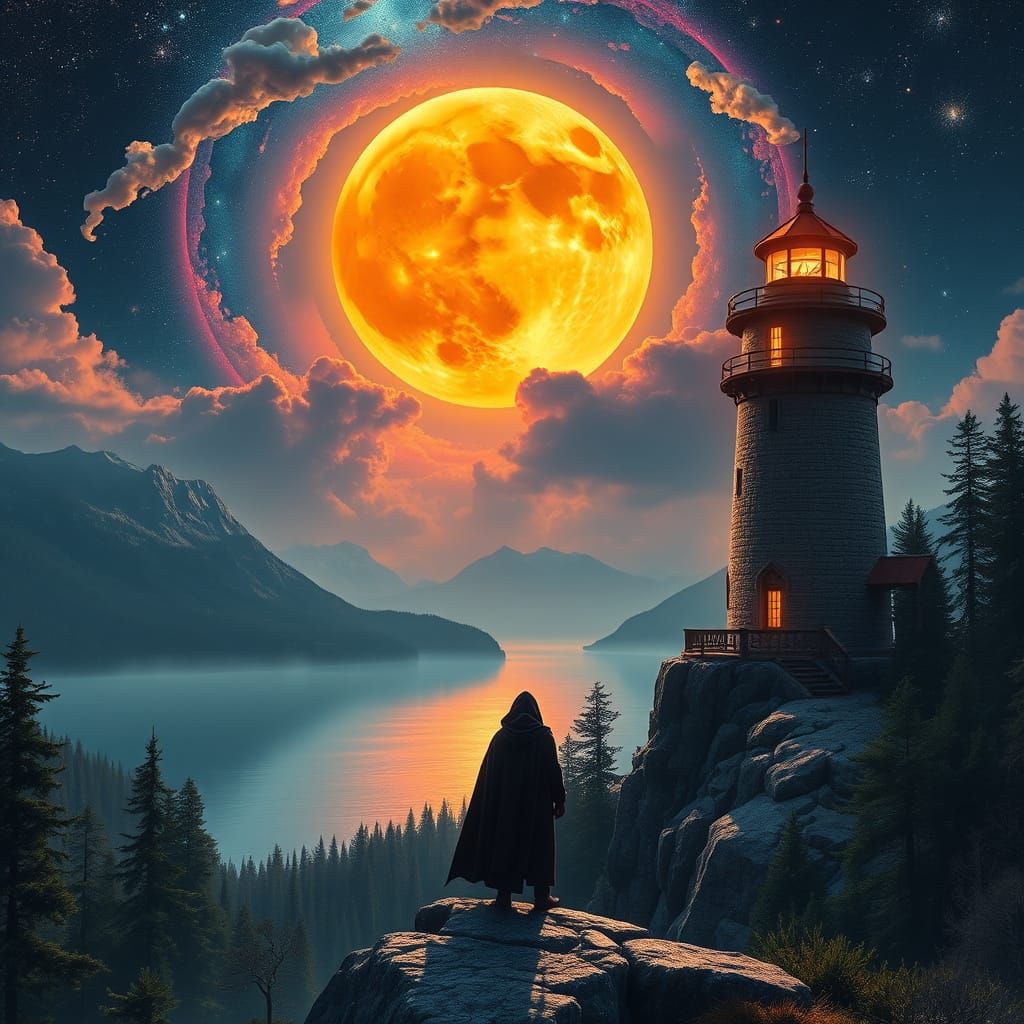 A stunning, surreal fantasy landscape featuring a tall, roun...