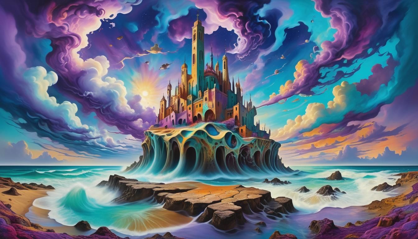 Surreal Dreamscape with Tormented Figure in Mixed Media