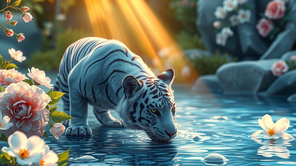 Tiger in Serene Floral Oasis Under Golden Sunlight