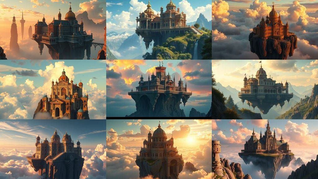 Ethereal Palace Soars Amidst Celestial Peaks, in Glory Aesth...
