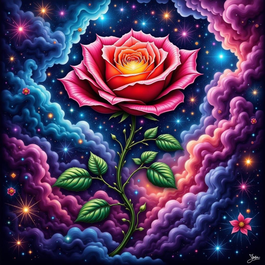 Surreal Cosmic Rose Blooms in Nebula with Miniature Galaxy