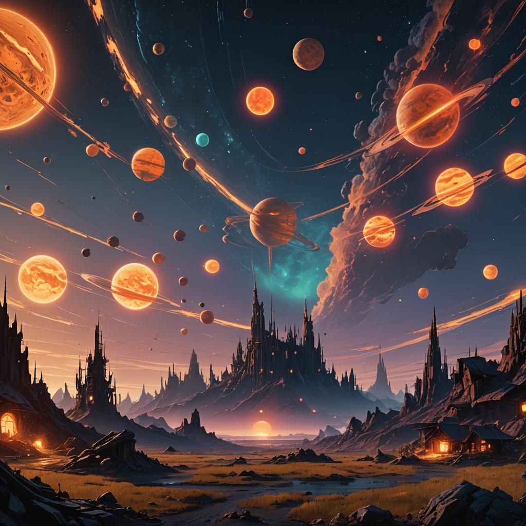 Glowing Planets Ritualistic Arrangement in Night Sky