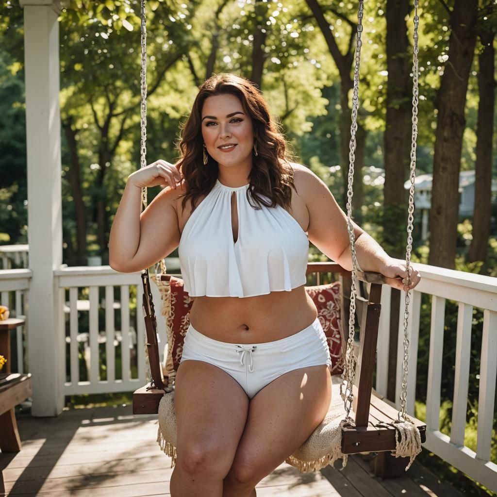 Plus-Size Woman on Porch Swing: Summer Photography