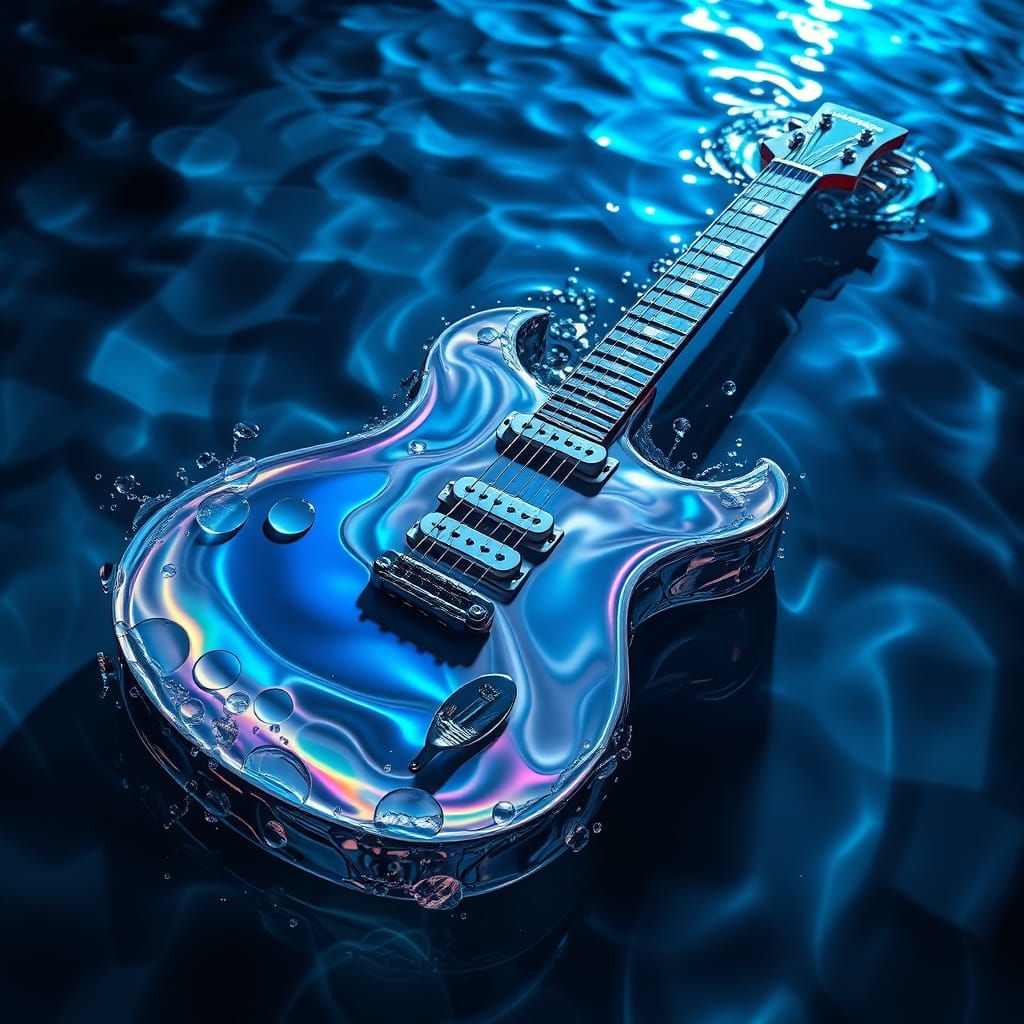 Iridescent Water Guitar in Ocean Background