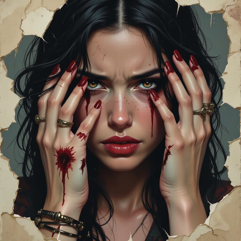 Warrior Writer with Blood Tears in Hyperrealism