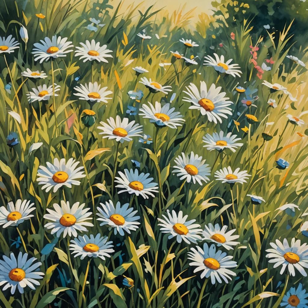 Impressionist Gouache Painting of Daisies in Sunlight