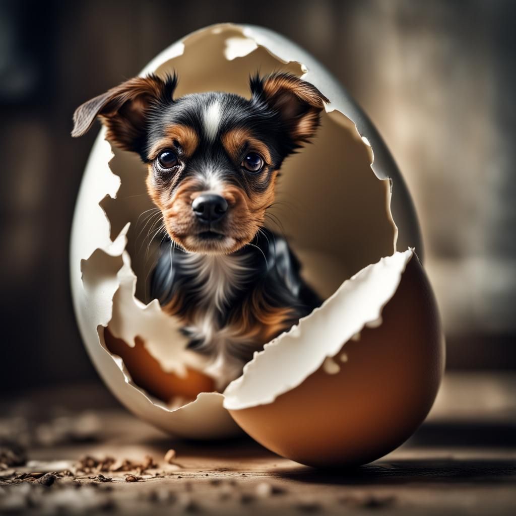 Hyperrealistic Dog Emerges from Eggshell