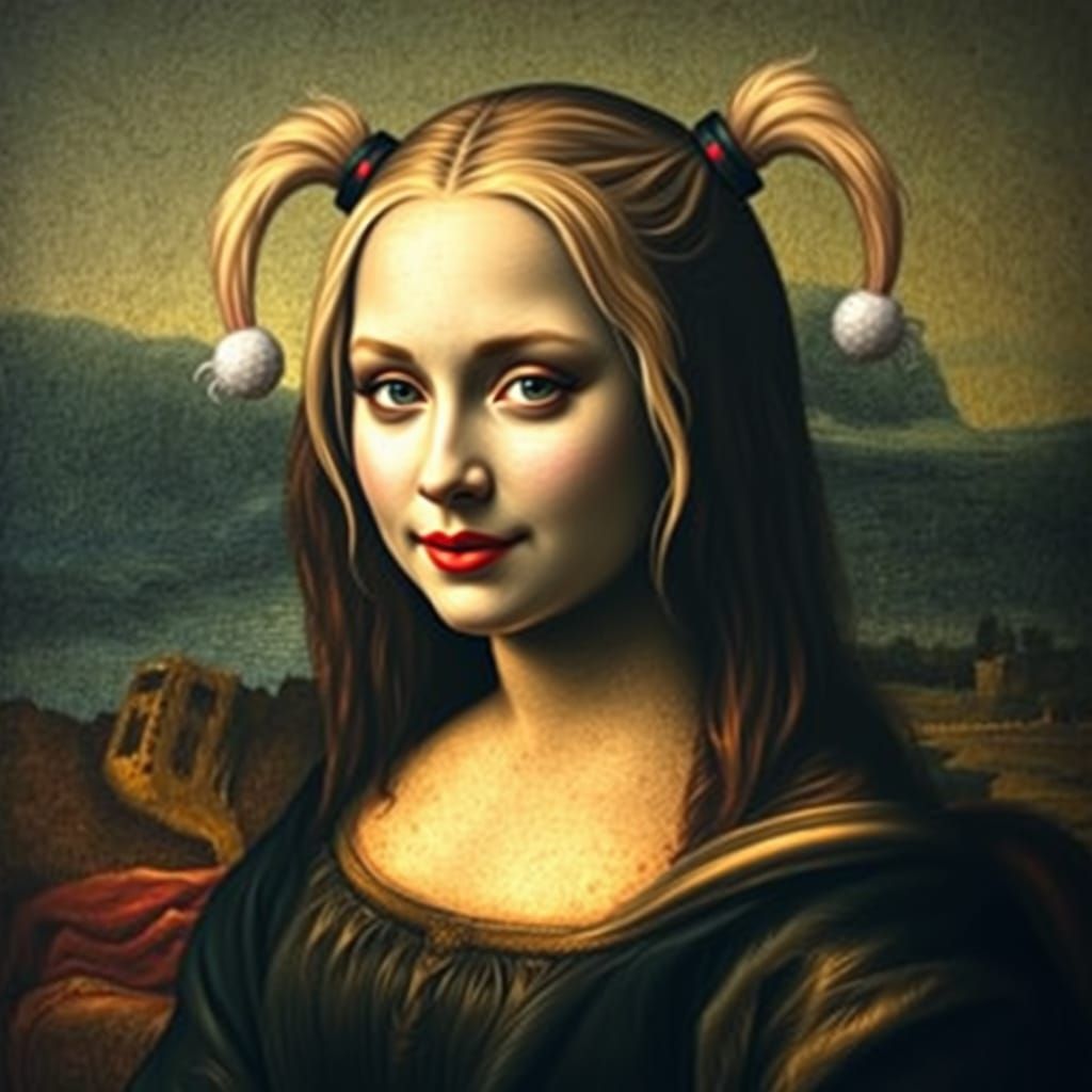 Hyperrealistic Mona Lisa as Harley Quinn