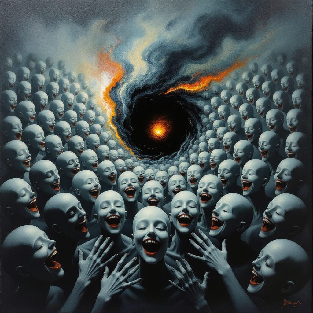 Surrealist Painting of Featureless Faces Consumed by Fire