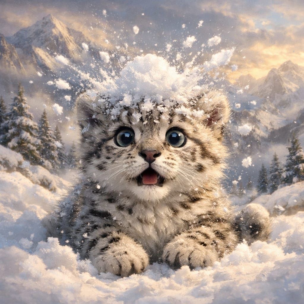 Adorable Snow Leopard Cub Surprised by Snowball