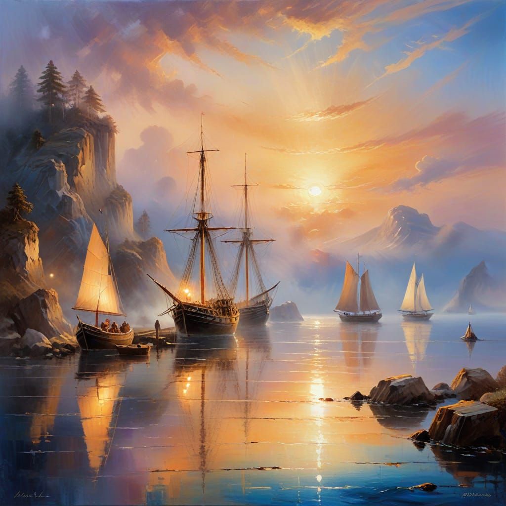 Sailing Ships Moored in Misty Harbor