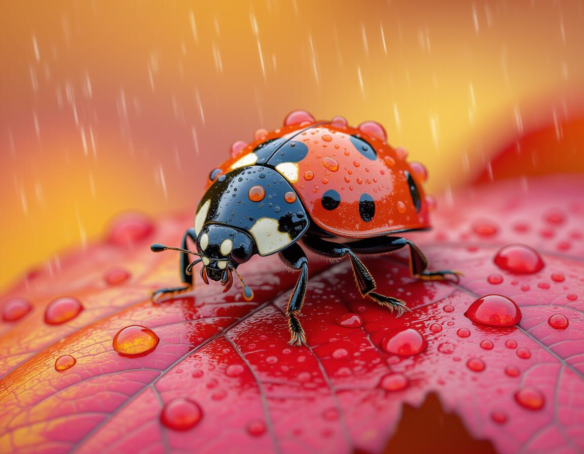 Ladybug Crawling on Autumn Leaf: Hyperrealistic Close-Up