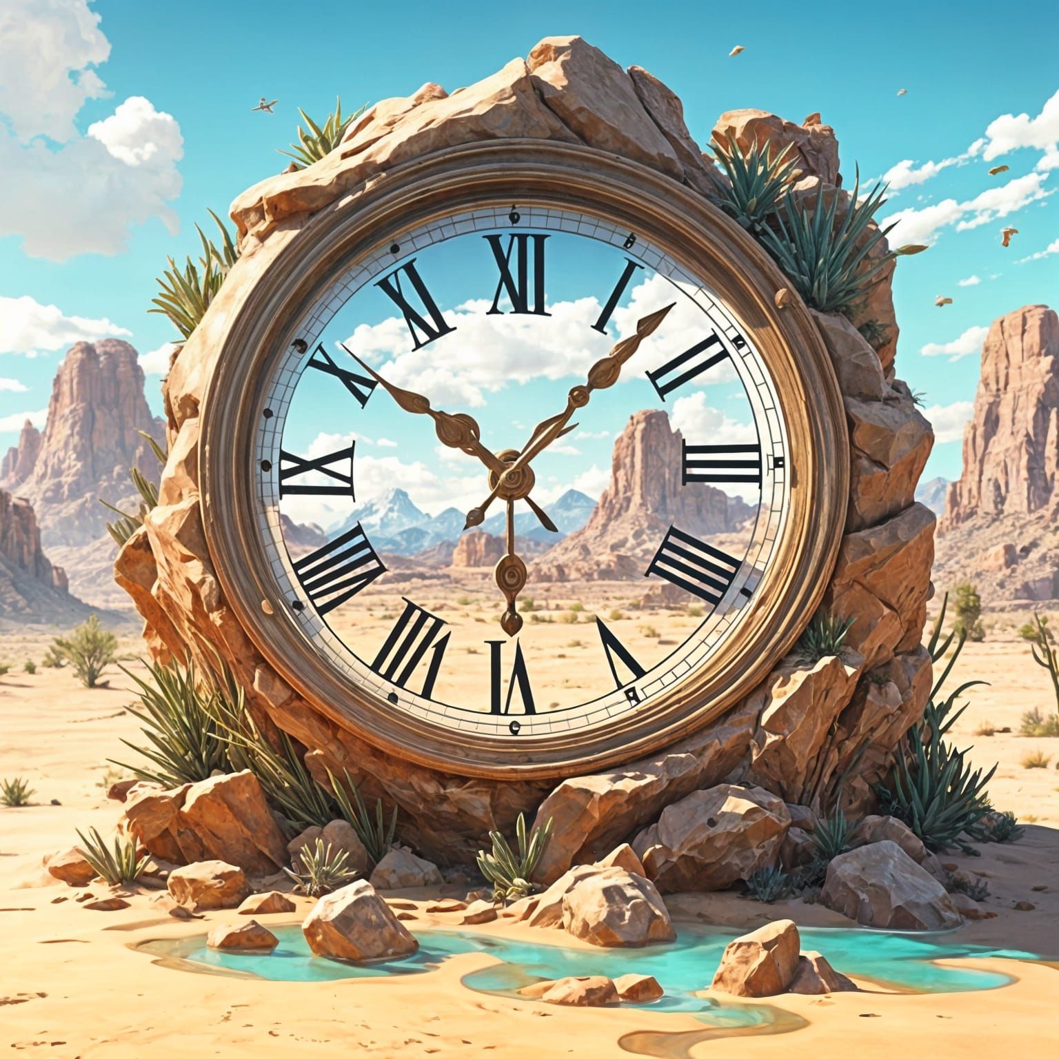 Melting Clock Floats Over Desert Landscape in Anime Style