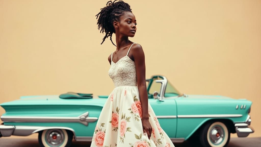 Elegant Woman with Vintage Car in Retro Style