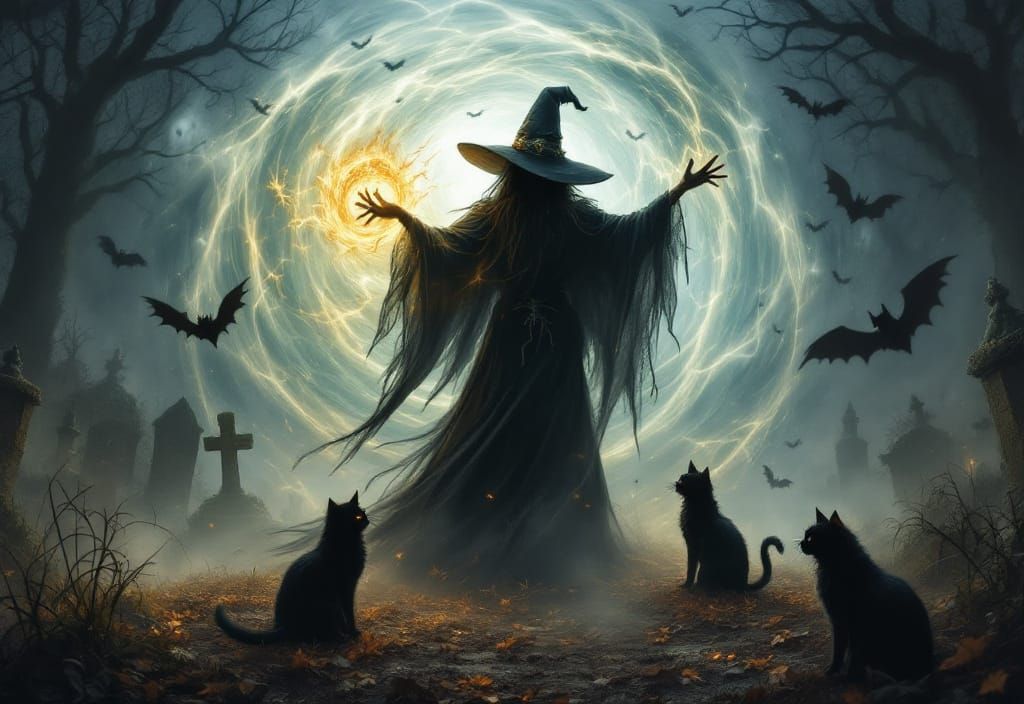 Halloween Witch and Black Cats Spellcasting