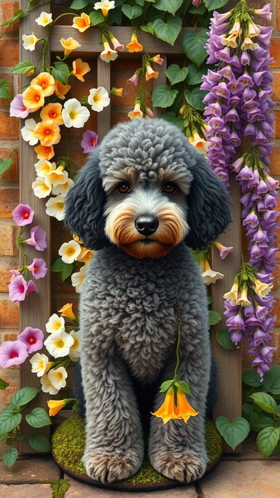 Poodle in Whimsical Garden Setting with Morning Glories and ...