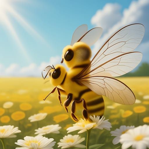 Cute Two-Headed Bee Lands on White Flower in Sunny Field