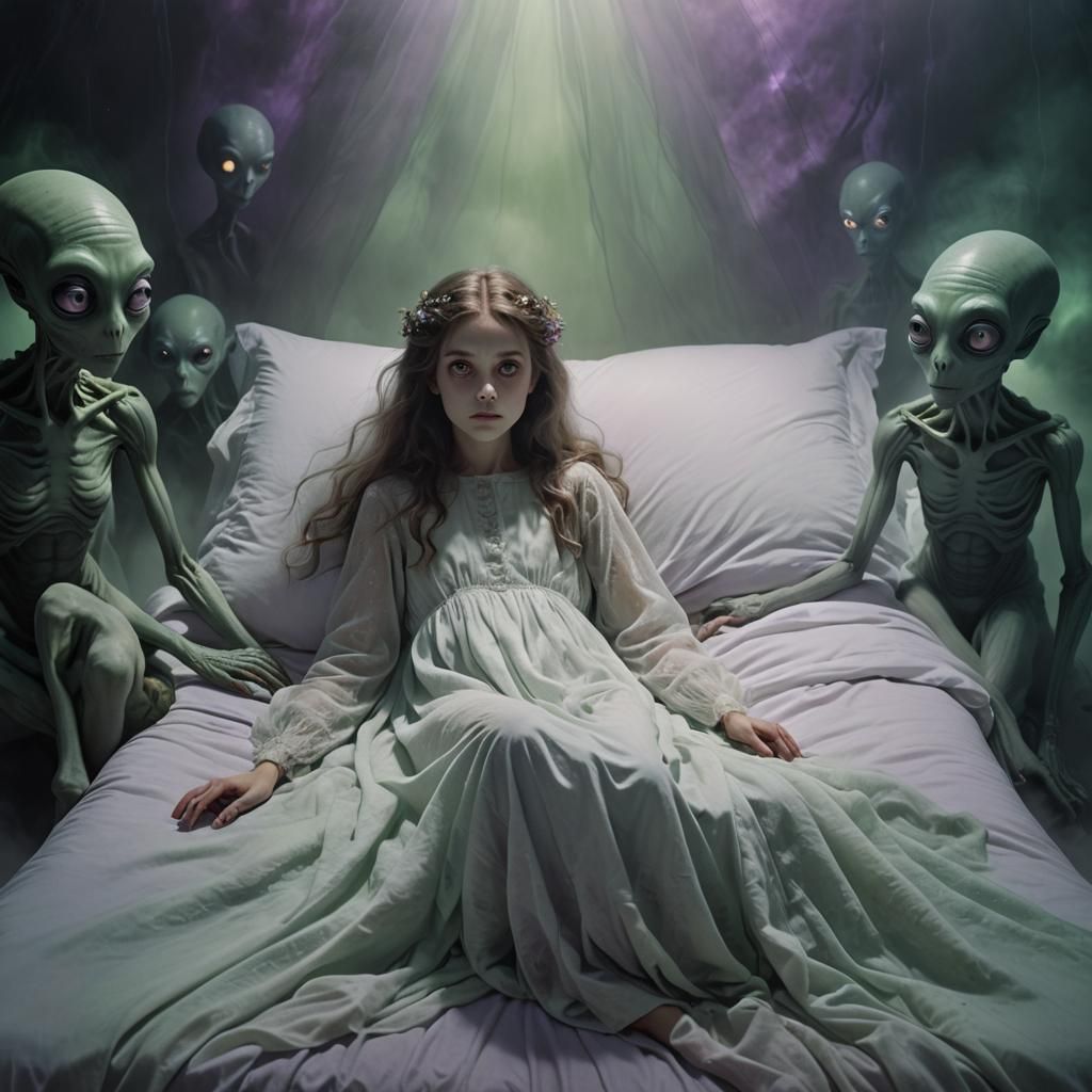 Eerie Surrealist Scene: Girl and Alien Visitors