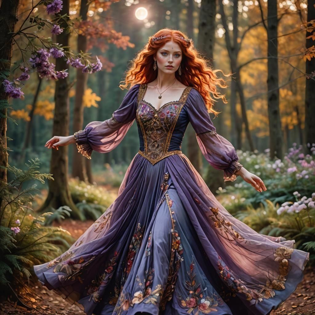 Gypsy Girl Dancing in Autumn Forest