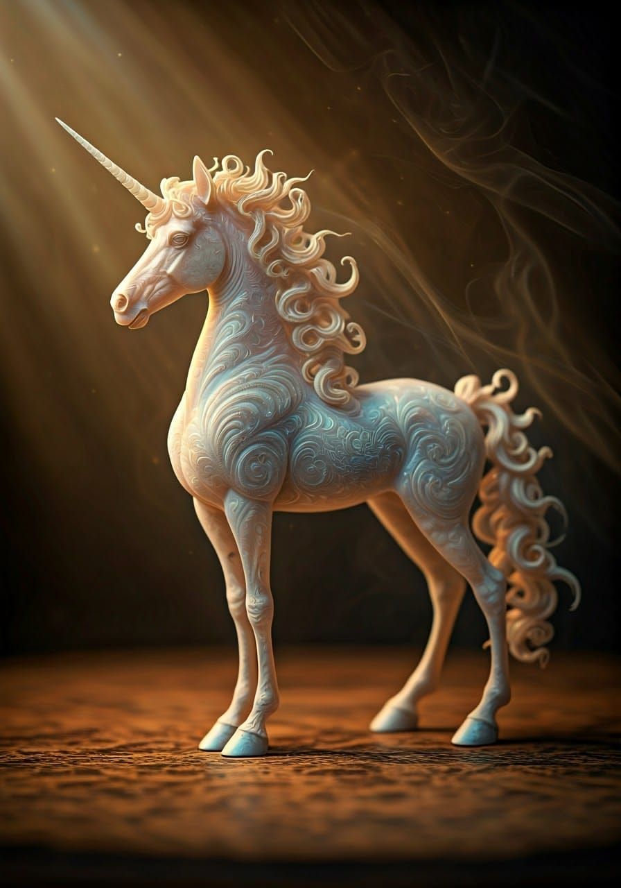 Ethereal Moonstone Unicorn Emerging from Rainbow Fog