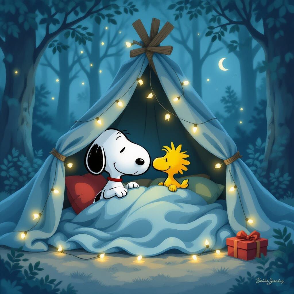Snoopy and Woodstock sitting inside a cozy blanket fort with...
