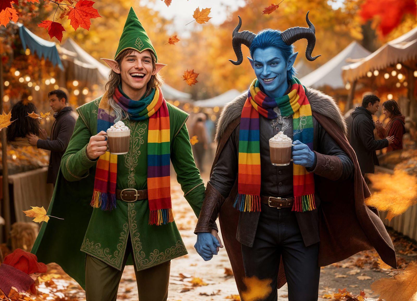 Elf and Tiefling Couple Enjoying Fall Festival