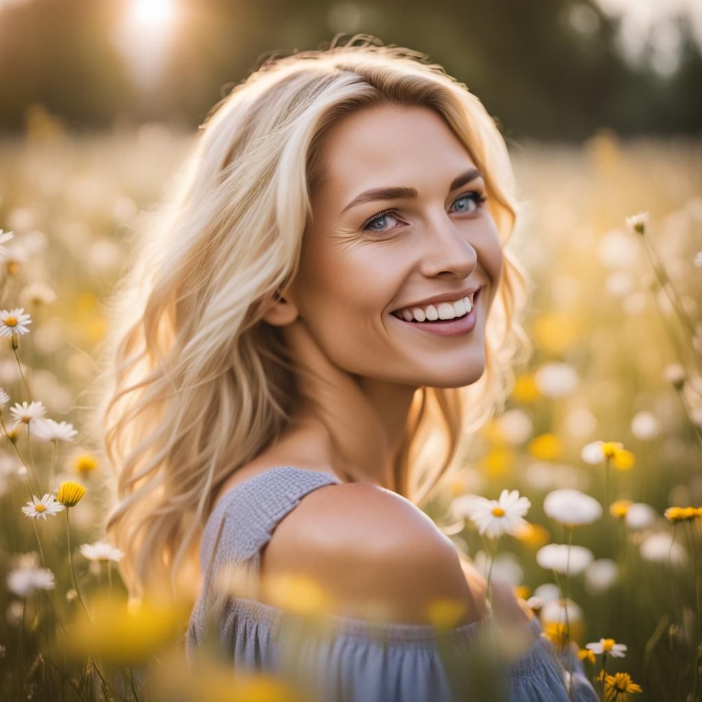 Smiling Blonde Woman in Fields of Flowers