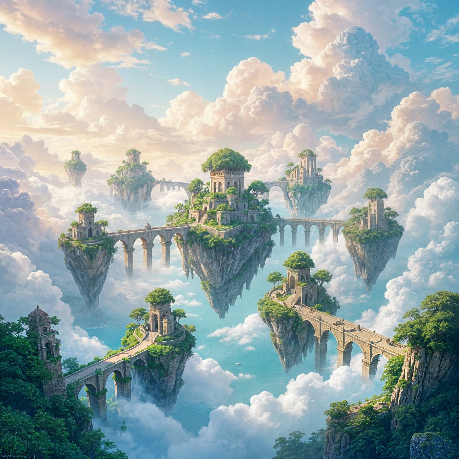 Floating Islands in Pastel Sky with Stone Bridges