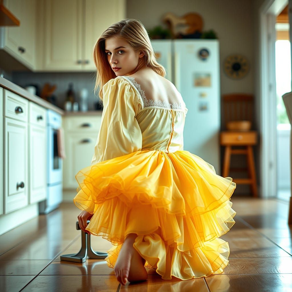 Androgynous Gentleman in Vintage Dress, Cleaning Kitchen Flo...