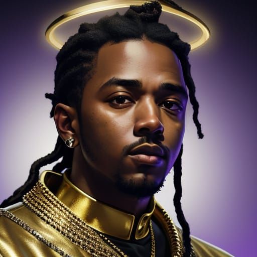 kendrick lamar wearing a halo using only dark-purple and gold aptured with a Canon EOS 5S Mark IV, lit with high-key lig...