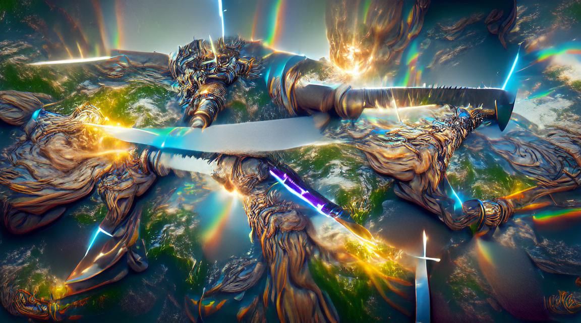 Godly Sword Slices Earth: Cosmic Holographic Illustration