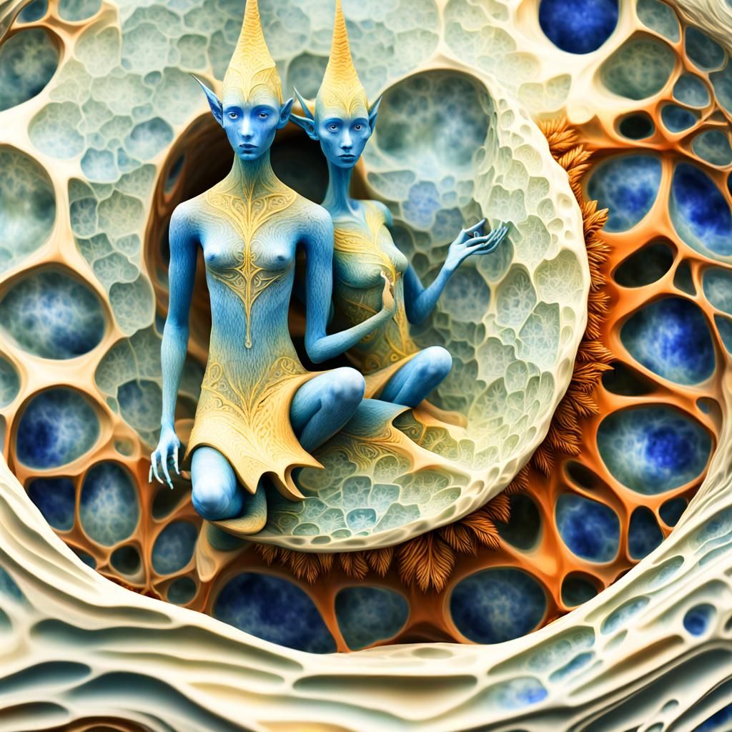 Blue Elves in Fractal Terrariums: 3D Organicpunk Art