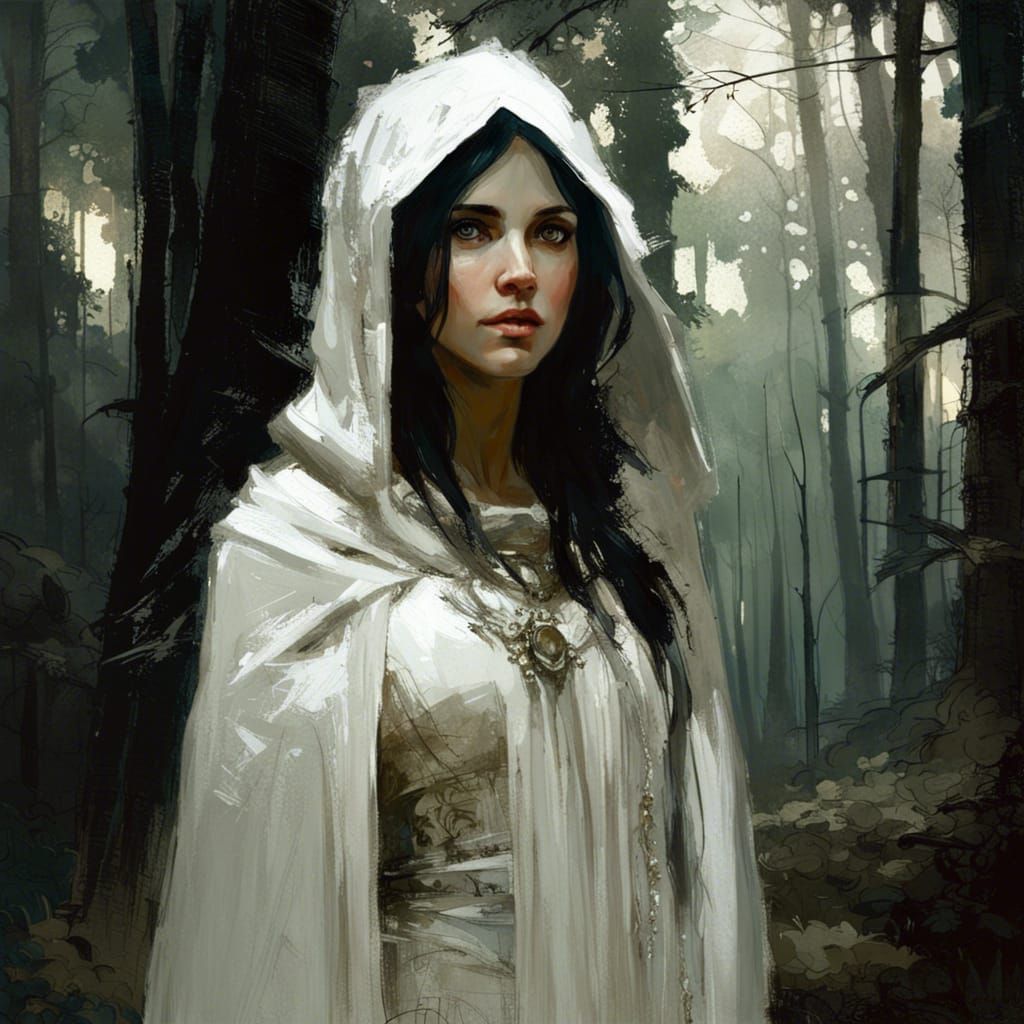 Slender Maiden in Forest, Detailed Oil Painting