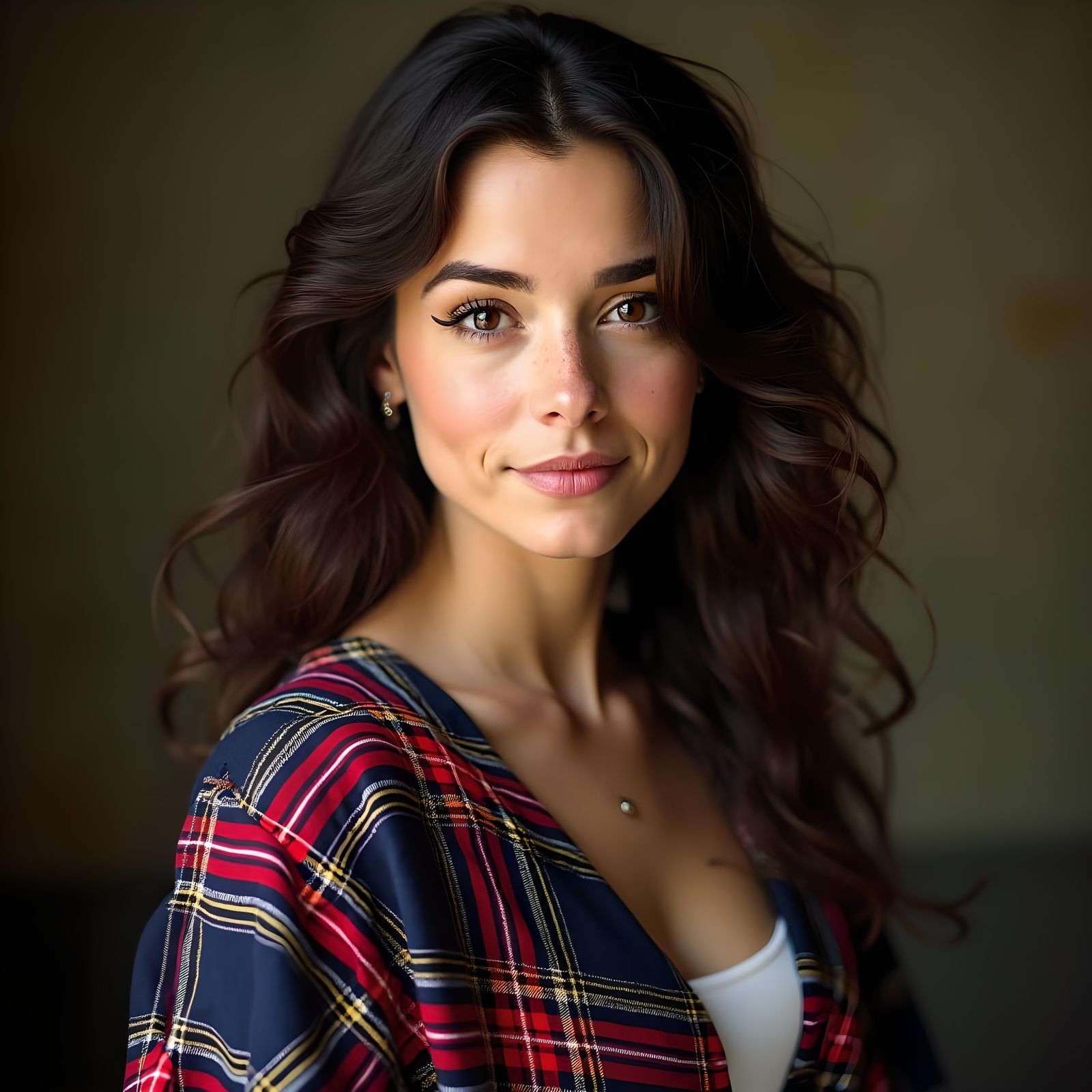 Confident Woman with Tartan Plaid Garment