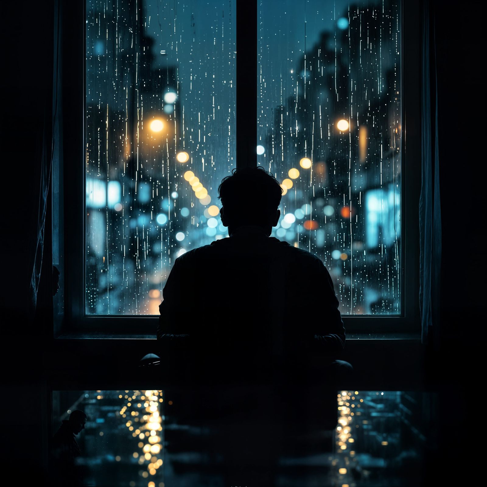 Man's Silhouette in Rainy Window Reflection