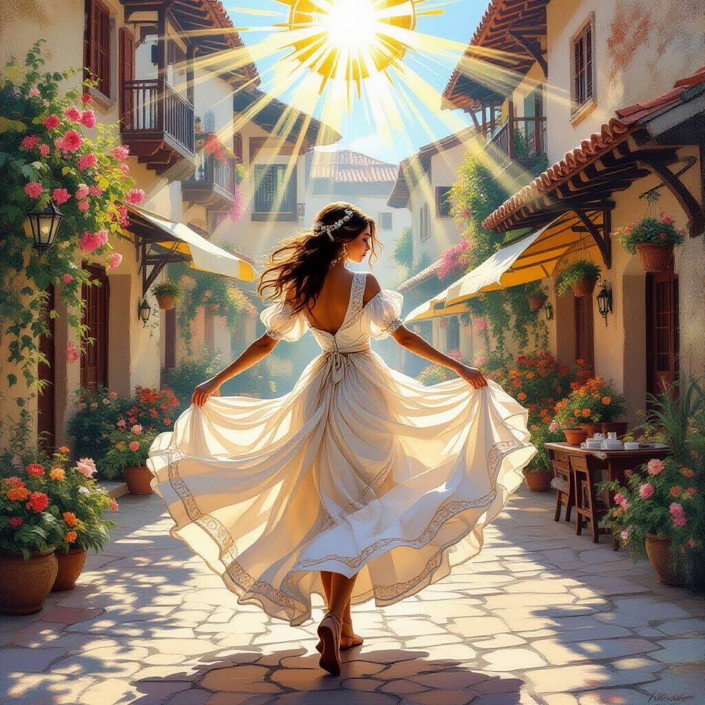 Renaissance Woman Twirling in Sunbeams: Oil on Canvas