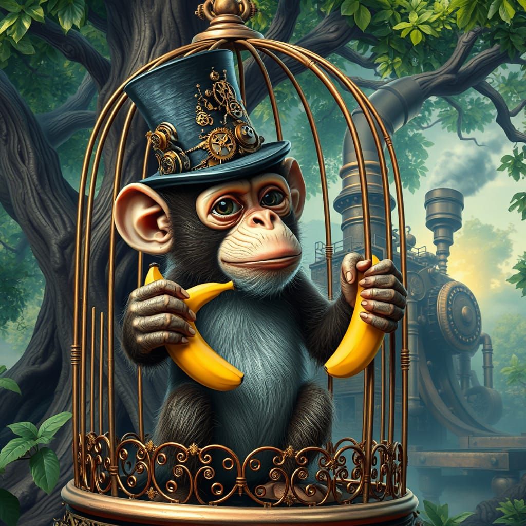 Steampunk Monkey Delights in Banana