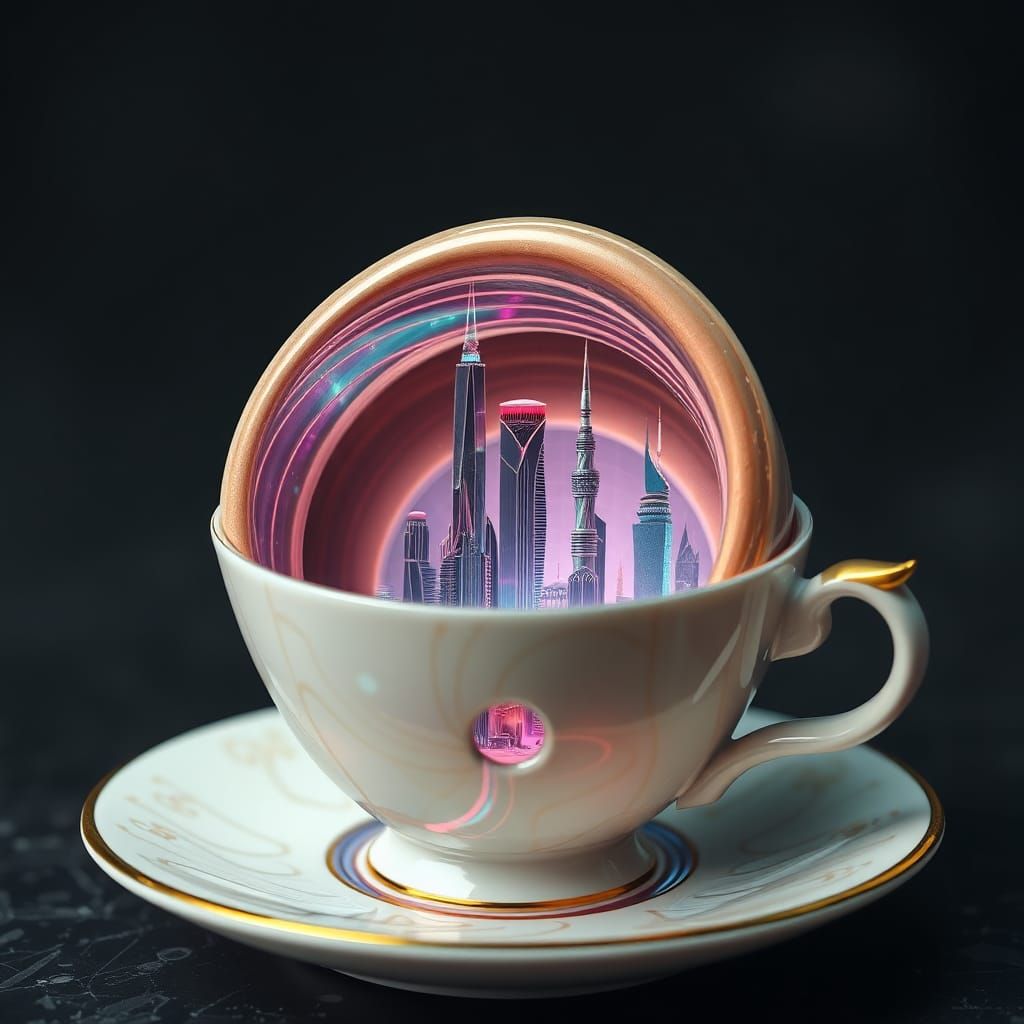 Teacup Portal to Futuristic Alien Cityscape