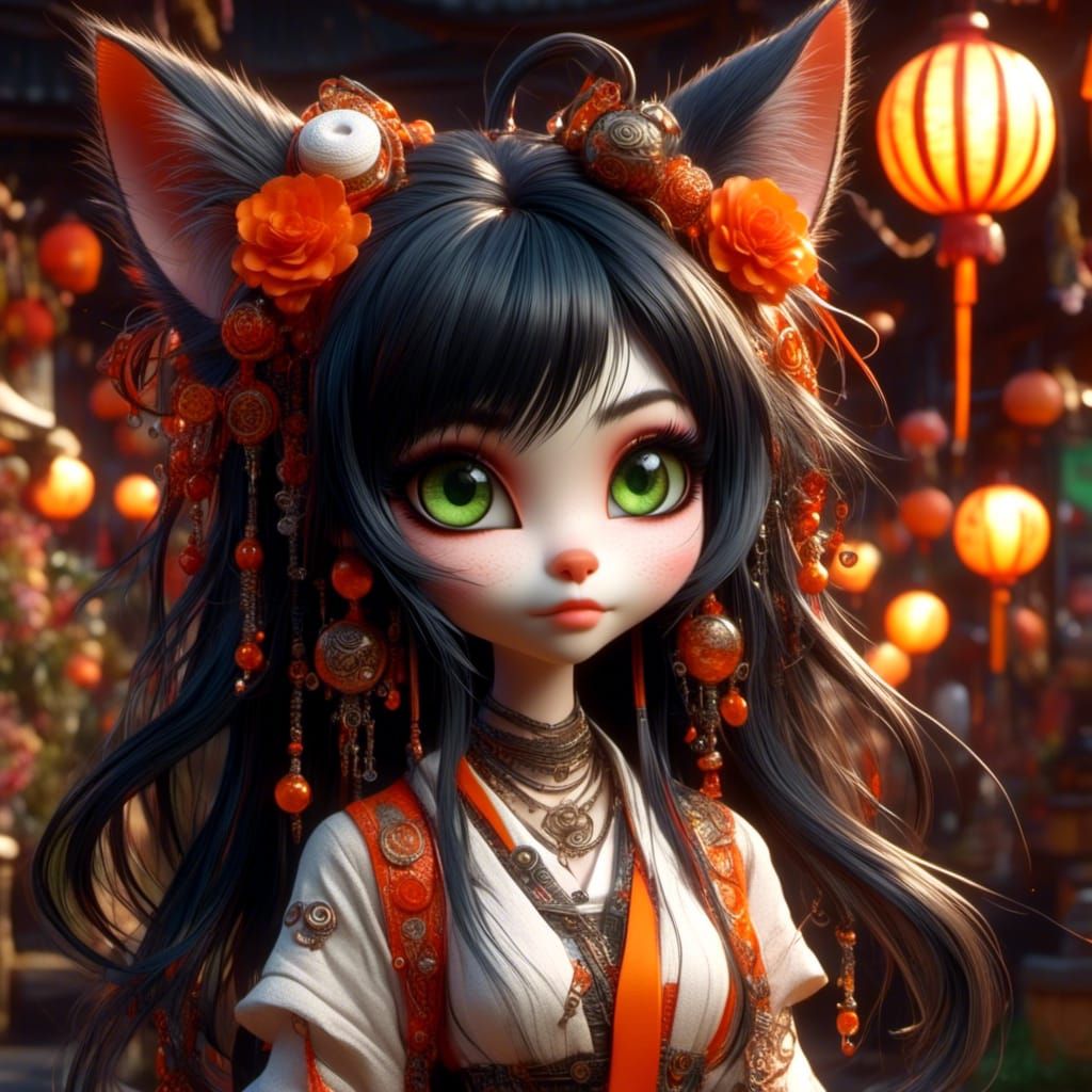 Cyberpunk Cat-Girl with Japanese Elements