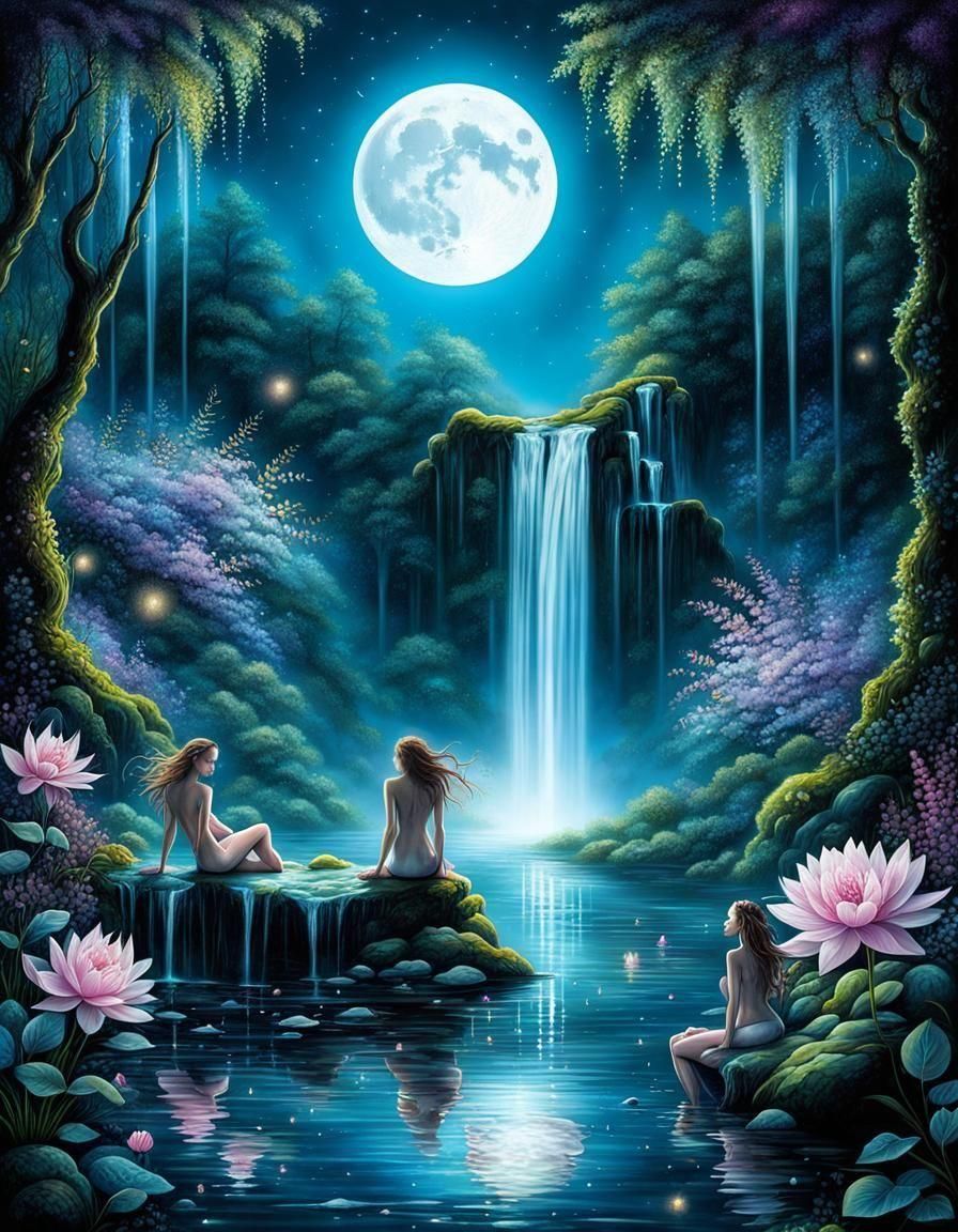 Nymphs bathing in the moonlight