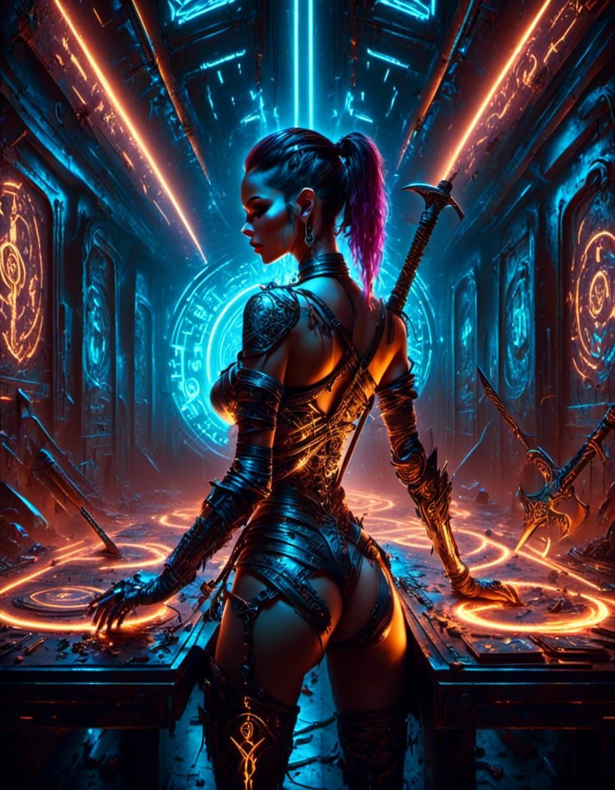 Tarot: Justice, swords, axes, pen, brown steel platinum, glo...