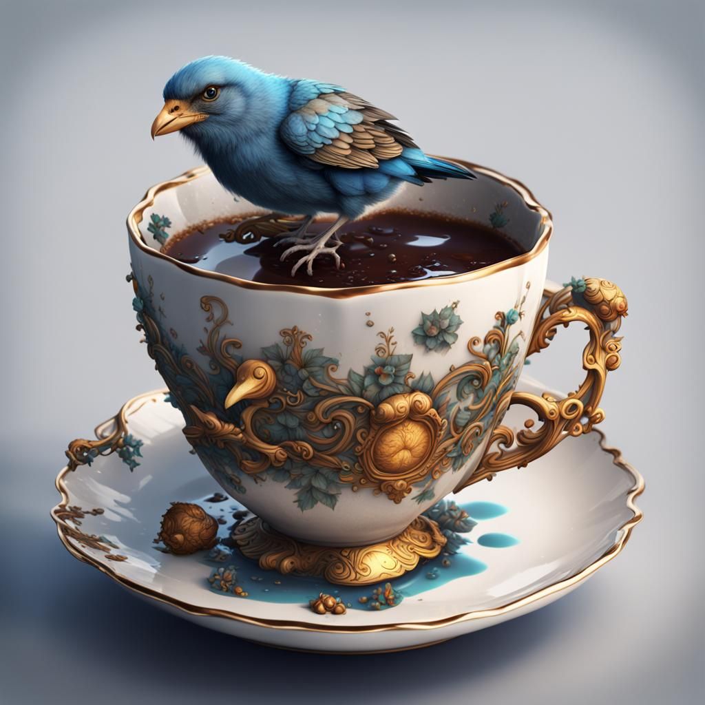 Bird With Dirty Feet in Teacup: Matte Painting