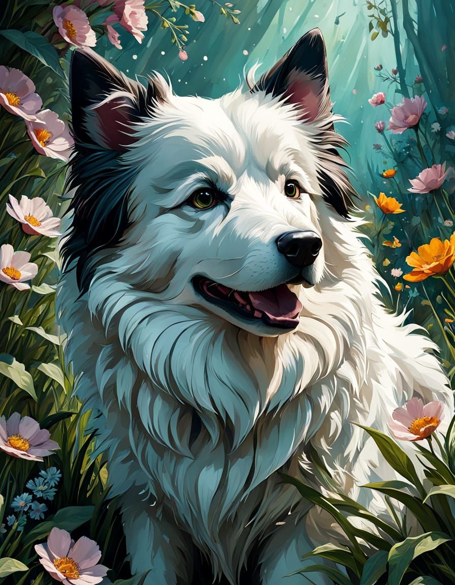 Adorable Collie-Samoyed Puppy in Spring Floral Art