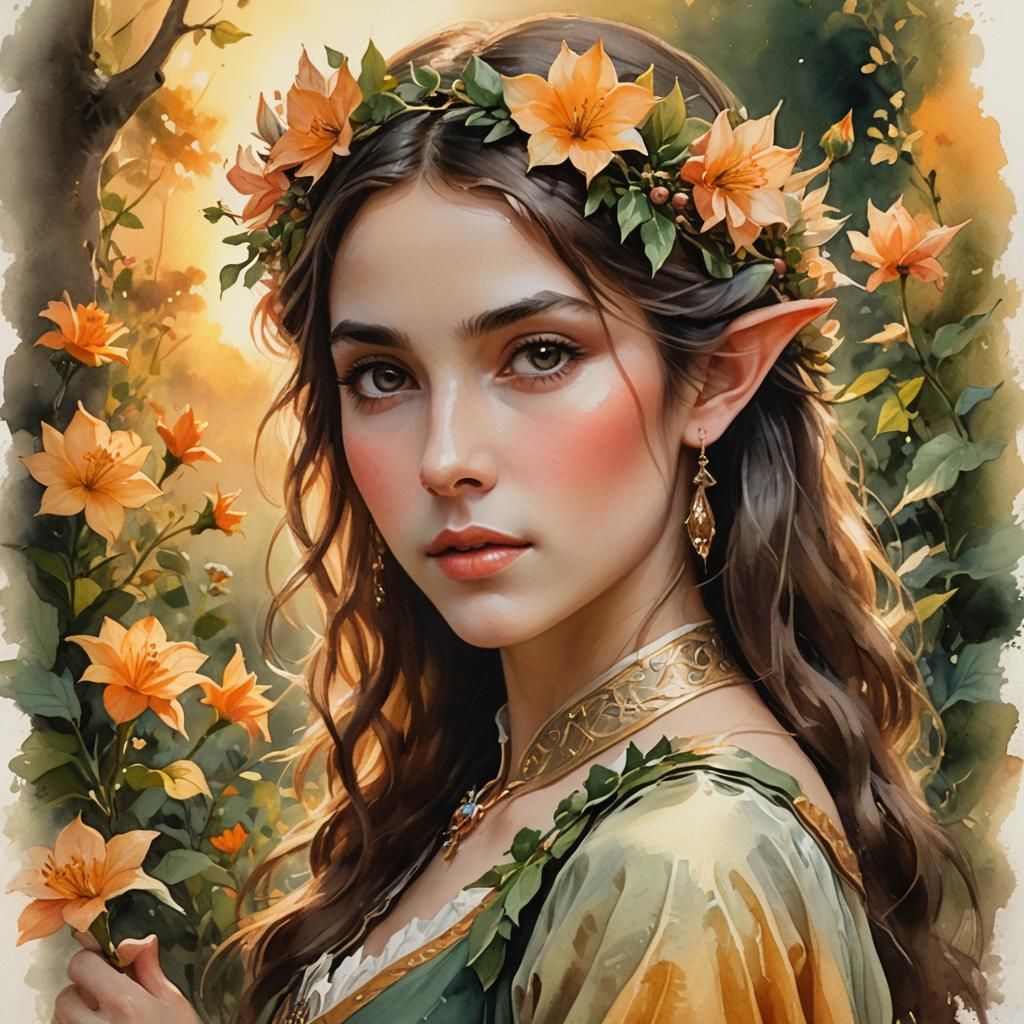 Elf Woman in Garden: Watercolor and Pencil Portrait