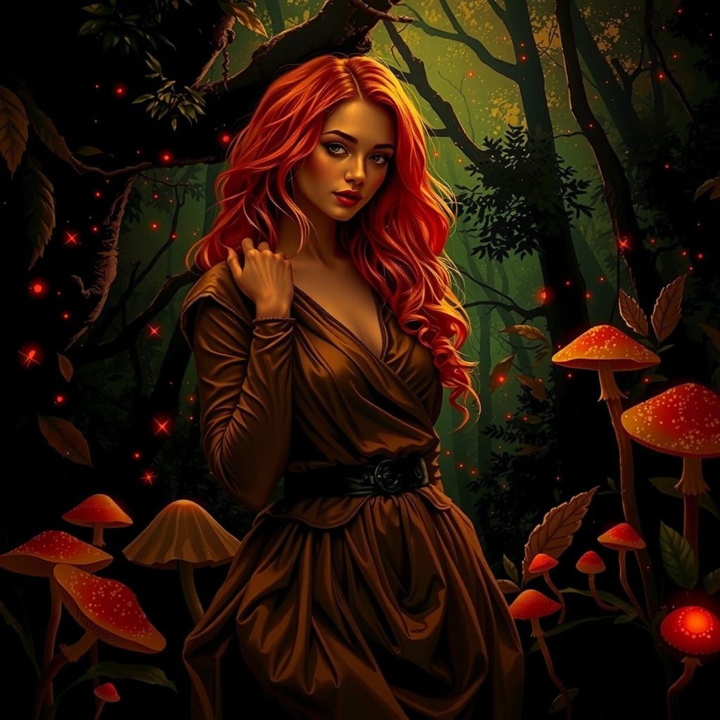Ethereal Woman in Bioluminescent Forest Illustration
